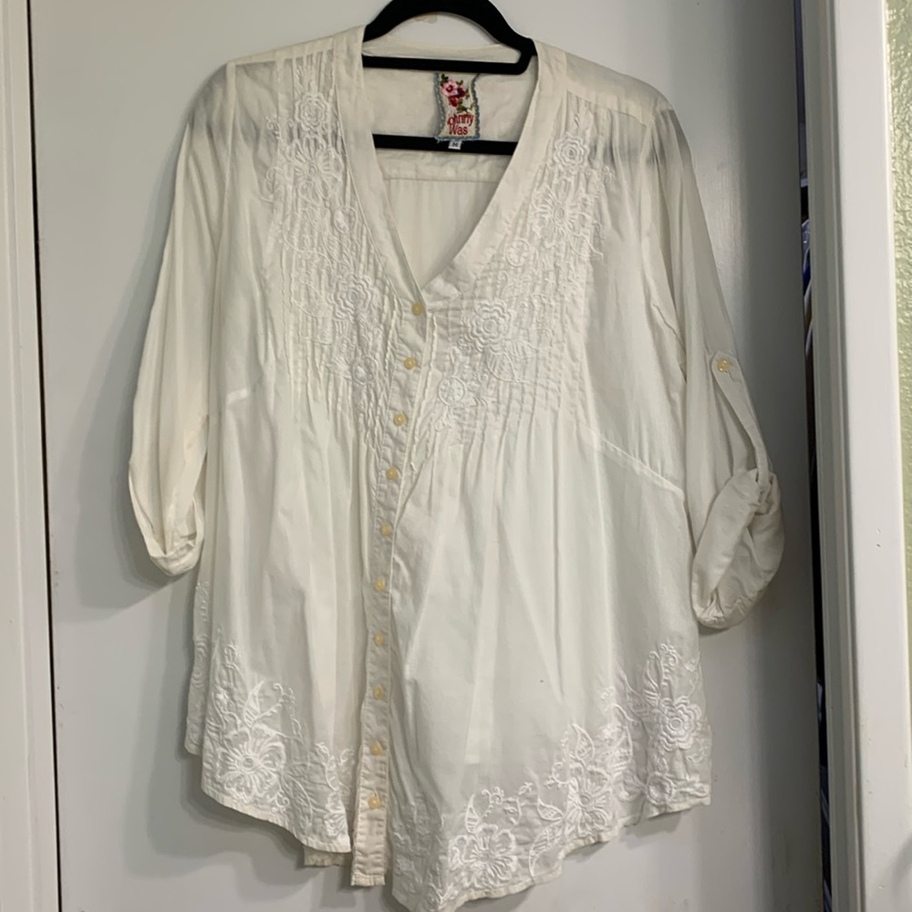 JOHNNY WAS White Embroidered Blouse